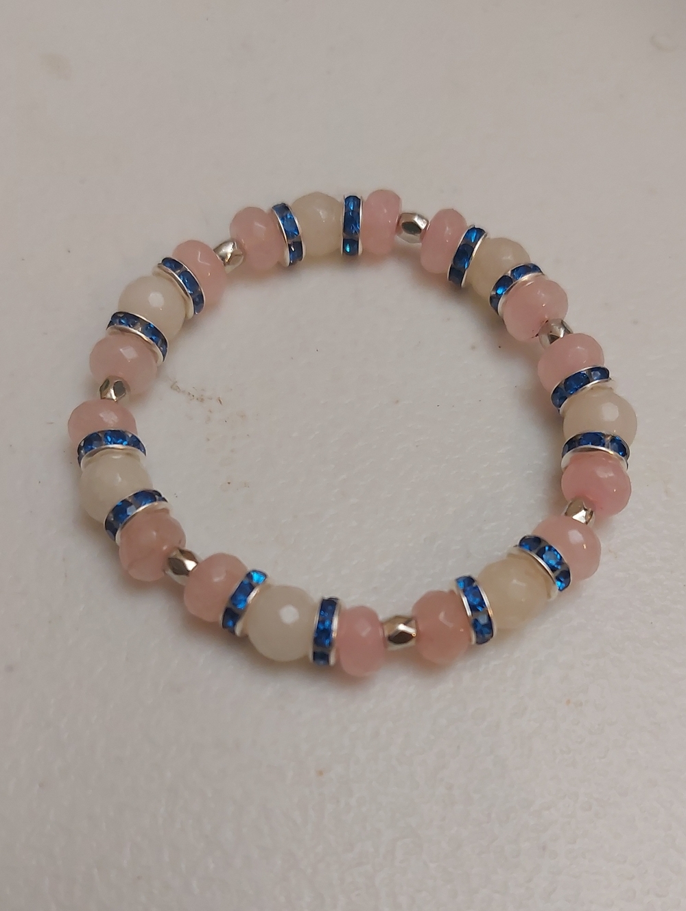 White And Rose Quartz With Blue Crystal Spacers Beaded Stretch Bracelet 6.25 In